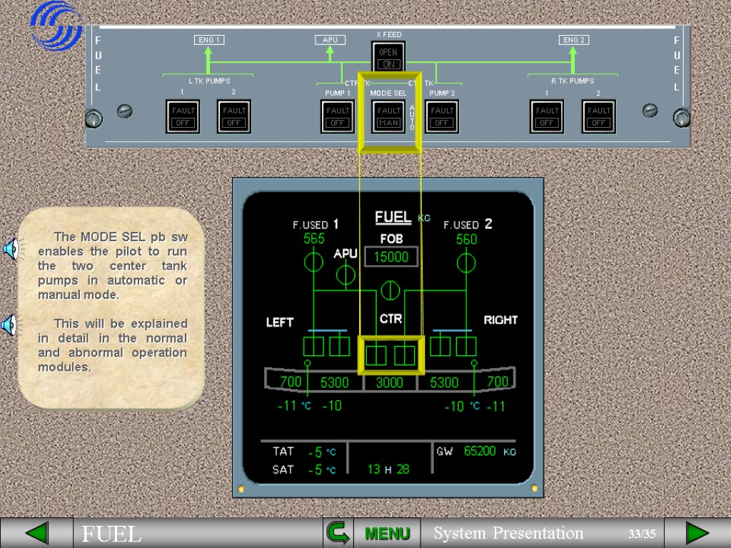 The MODE SEL pb sw enables the pilot to run the two center tank